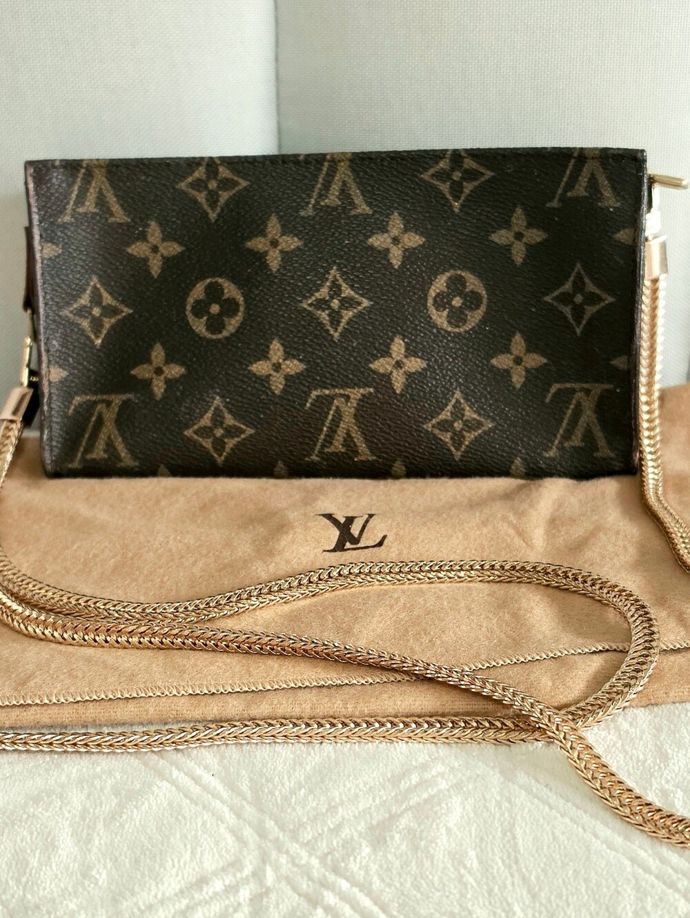 Auth Louis Vuitton Monogram Pouch With Added Chain